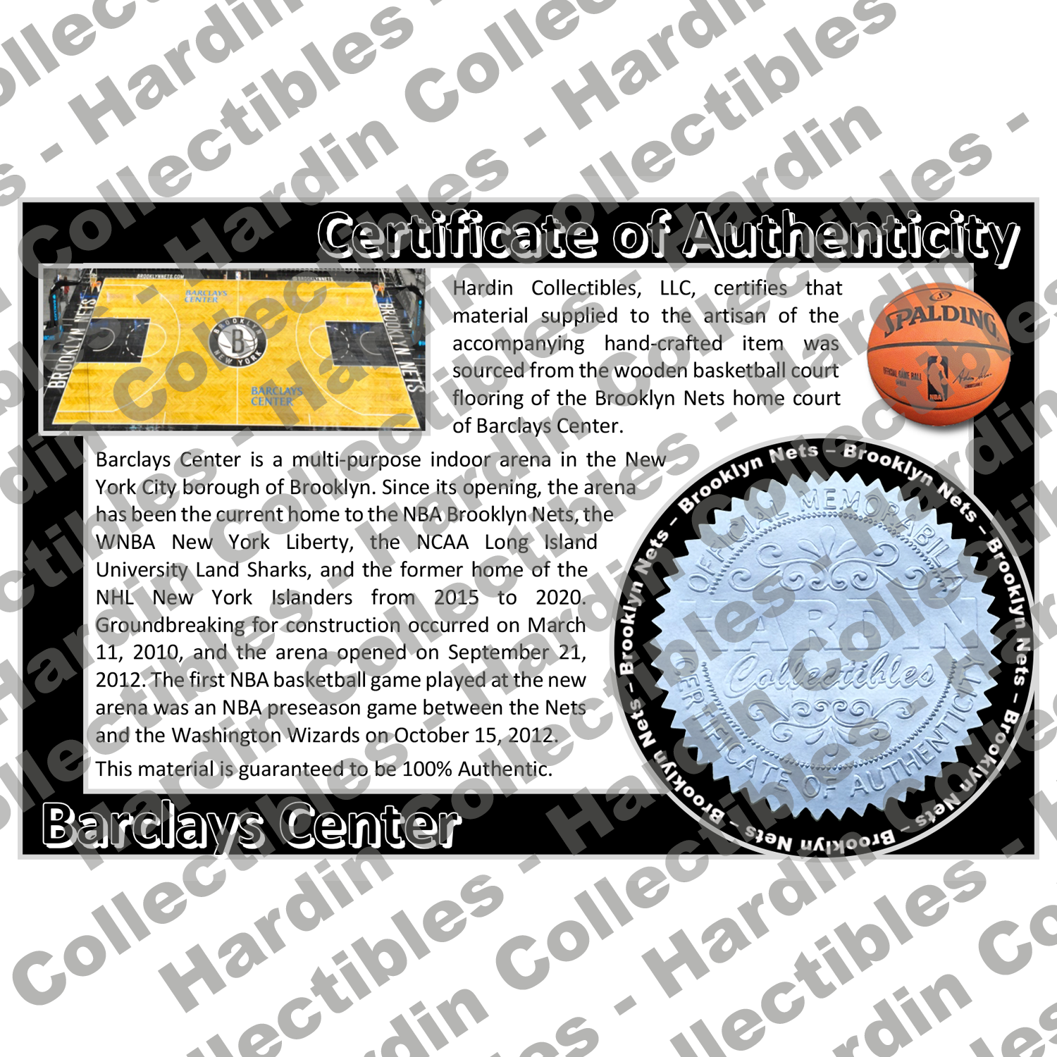 Image of certificate of authenticity for Barclays Center (Brooklyn Nets) - front