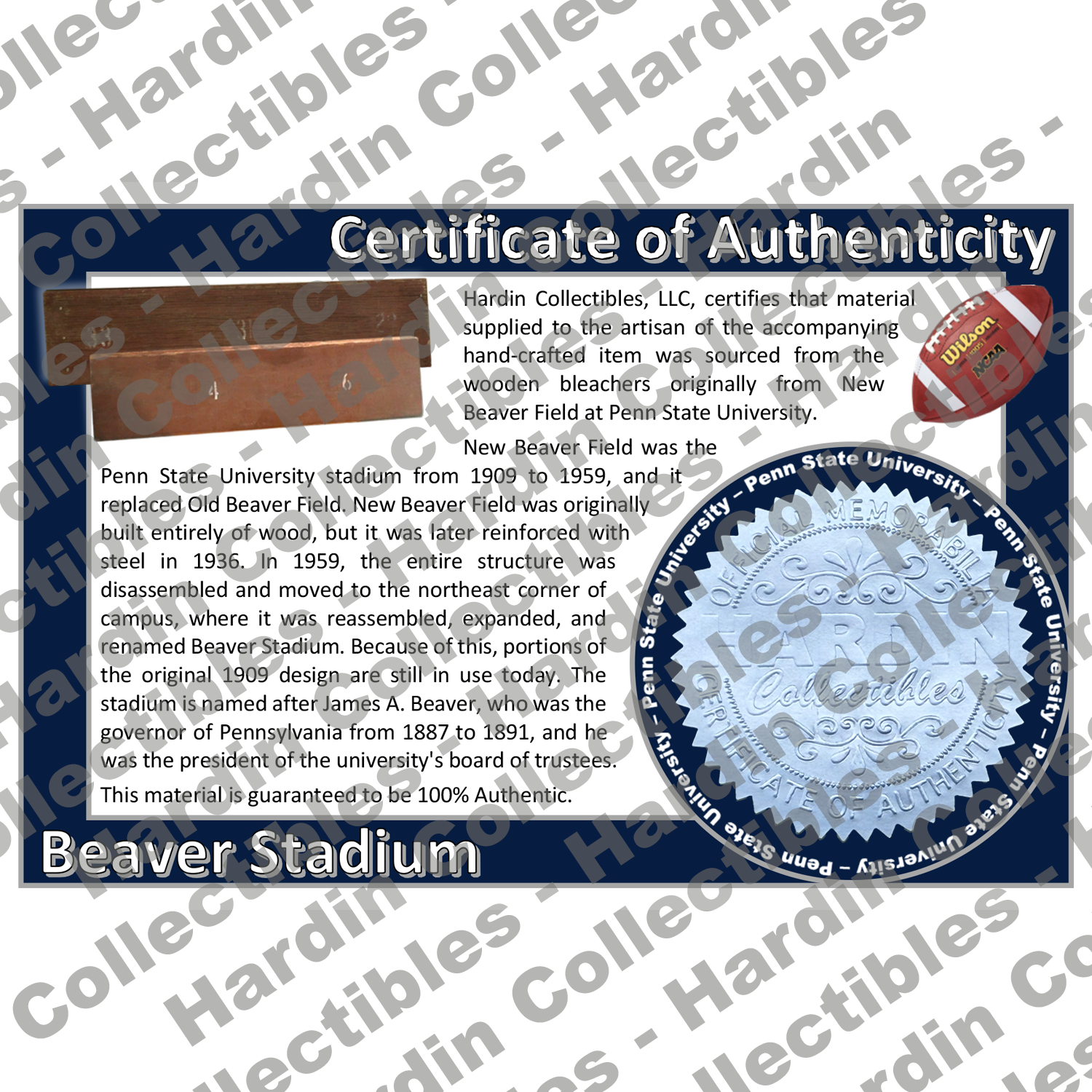 Image of certificate of authenticity for Beaver Stadium (Penn State University) - front