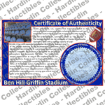 Image of certificate of authenticity for Ben Hill Griffin Stadium (University of Florida) [PLASTIC SEAT] - front