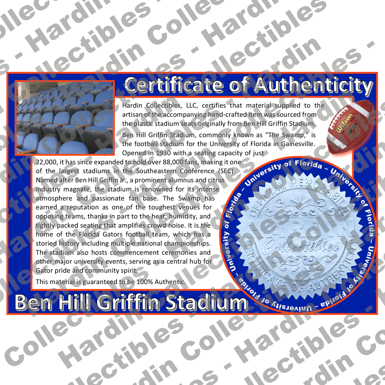 Image of certificate of authenticity for Ben Hill Griffin Stadium (University of Florida) [PLASTIC SEAT] - front