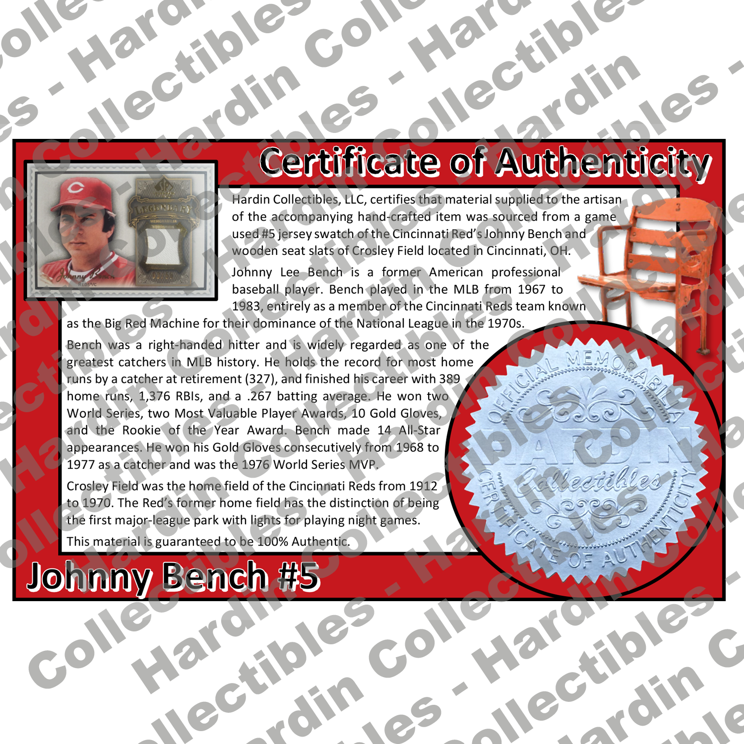 Image of certificate of authenticity for Bench, Johnny 