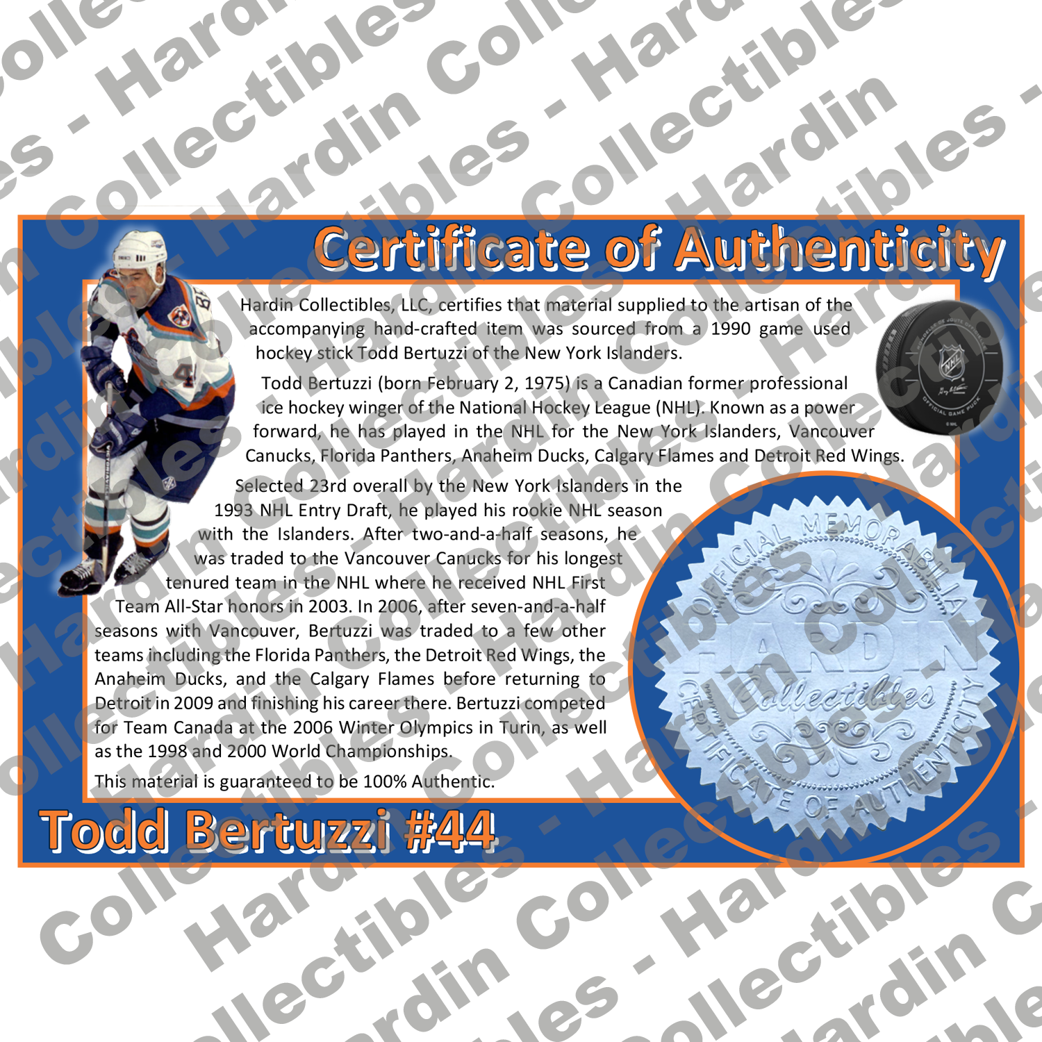 Image of certificate of authenticity for Bertuzzi, Todd 