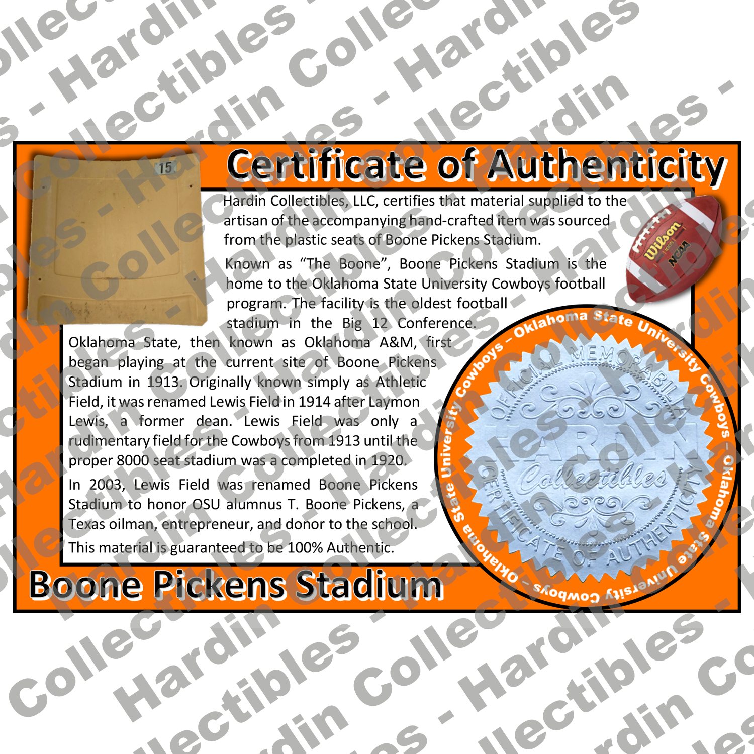 Image of certificate of authenticity for Boone Pickens Stadium (Oklahoma State University) - front