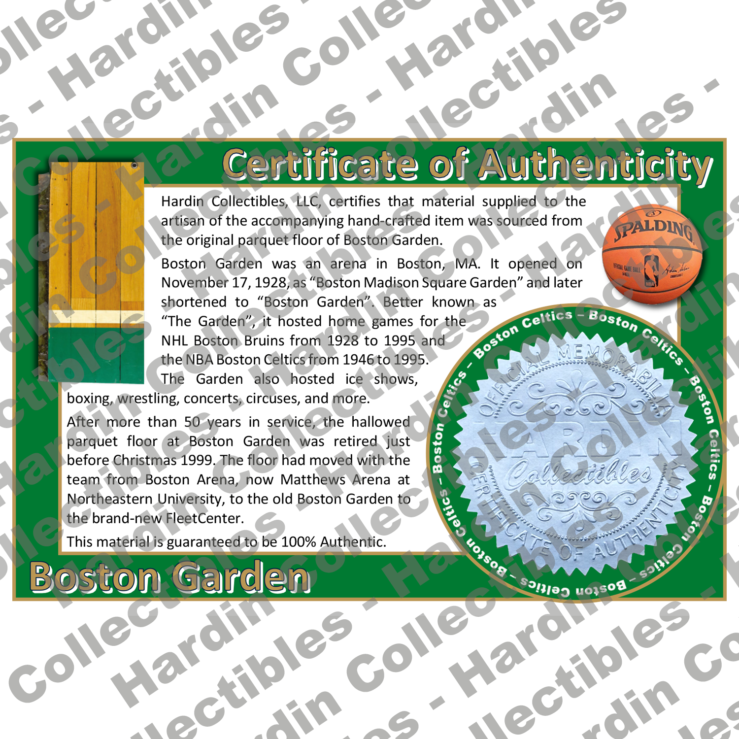 Image of certificate of authenticity for Boston Garden [Basketball Floor] (Boston Celtics) - front