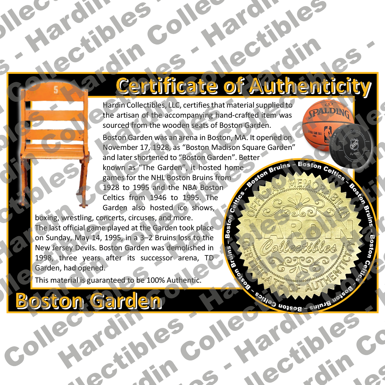 Image of certificate of authenticity for Boston Garden [Stadium Seats] (Boston Celtics & Bo - boston-bruins-extra-coa - front
