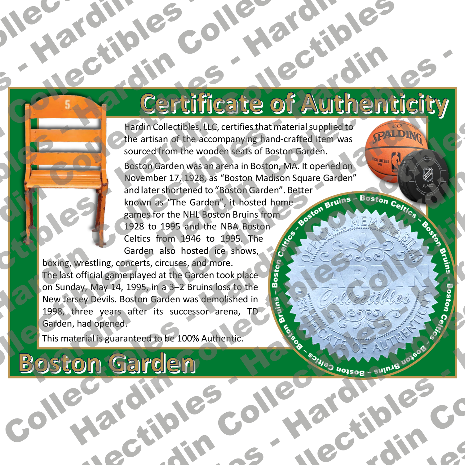 Image of certificate of authenticity for Boston Garden [Stadium Seats] (Boston Celtics & B - boston-celtics-extra-coa - front