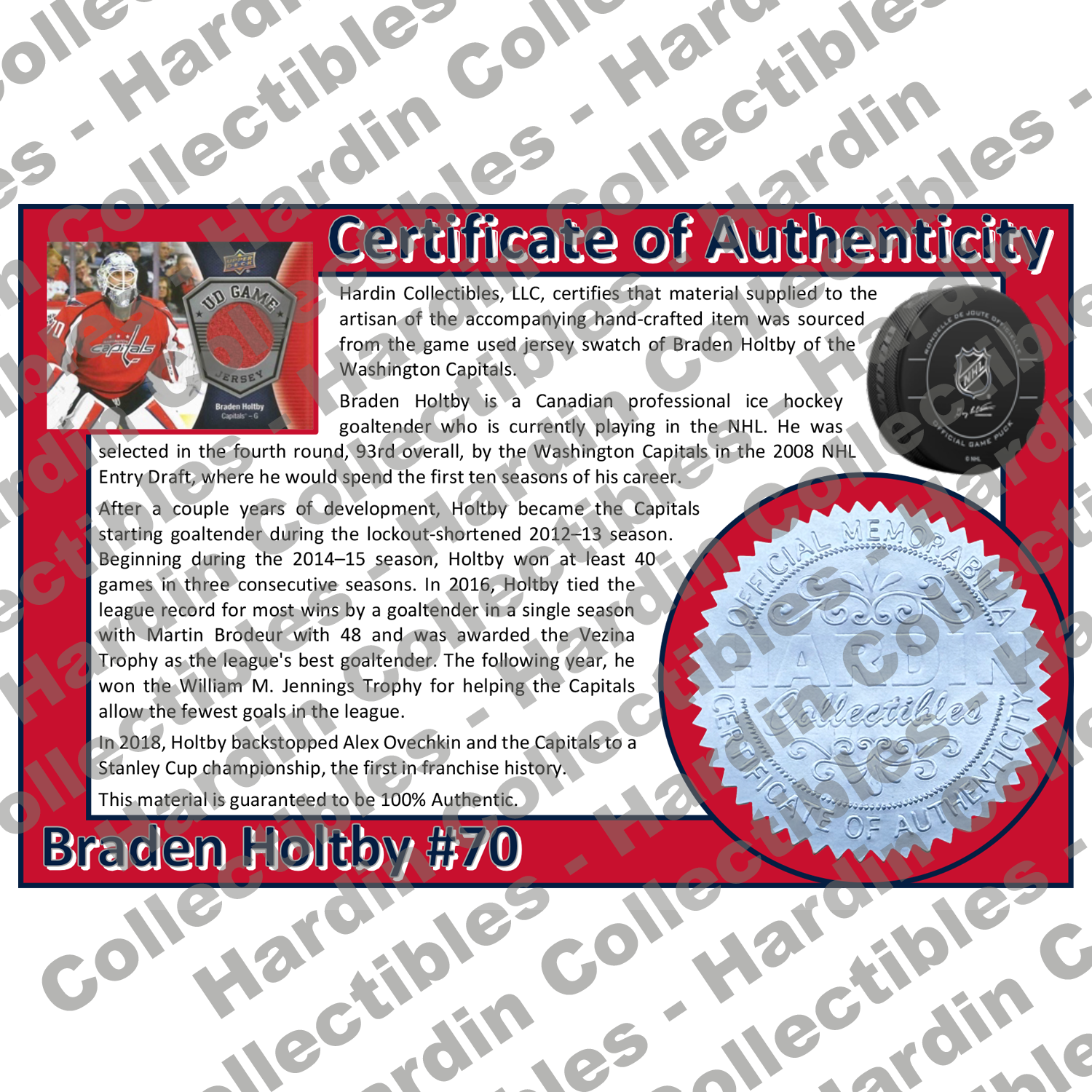 Image of certificate of authenticity for Holtby, Braden 