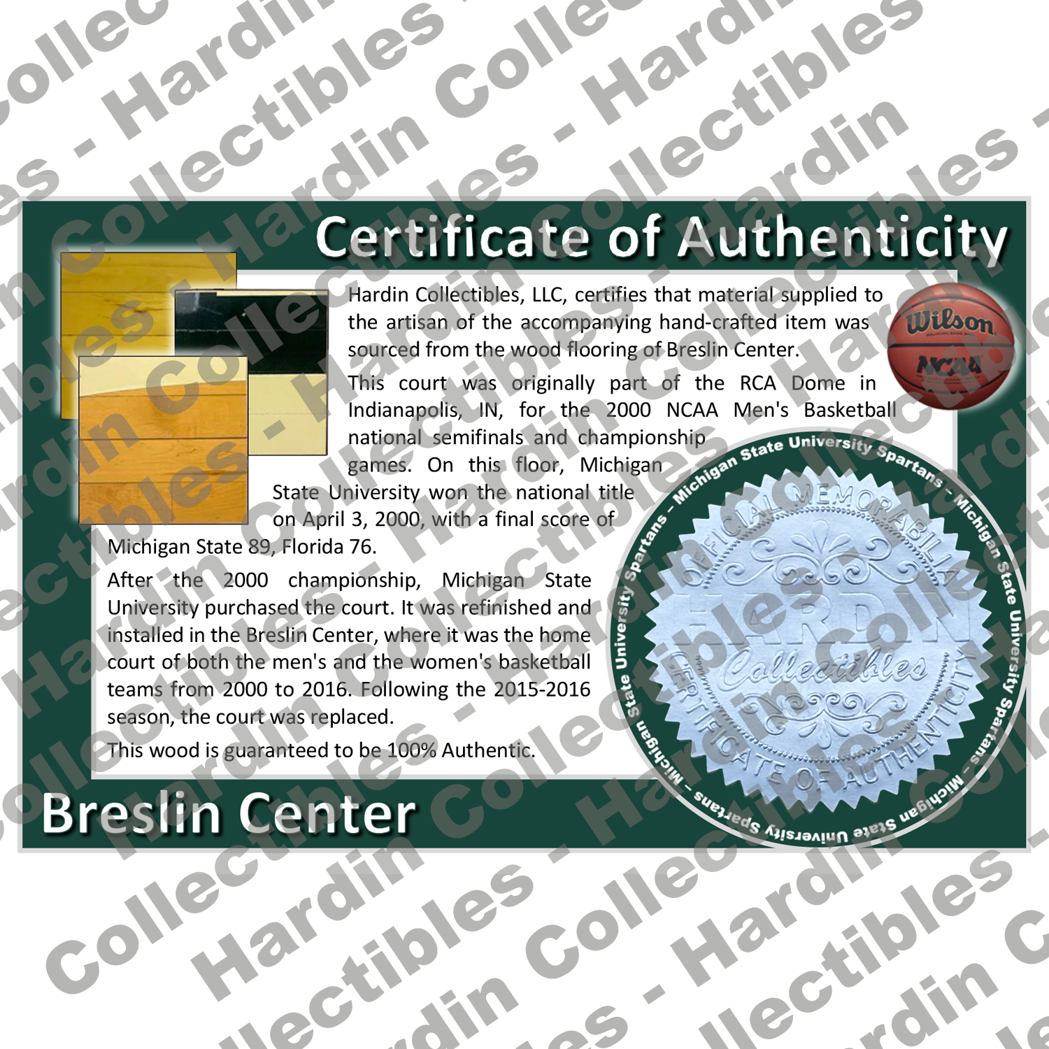 Image of certificate of authenticity for Breslin Center (Michigan State University) - front