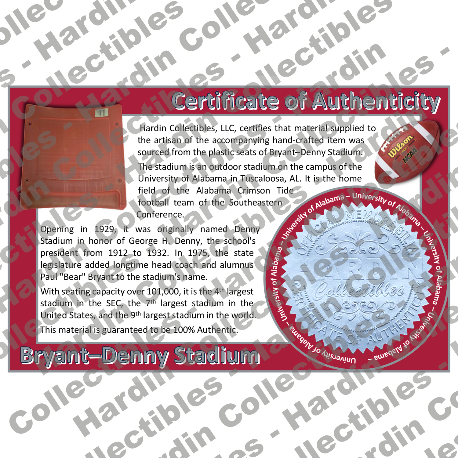Image of certificate of authenticity for Bryant-Denny Stadium (University of Alabama) [PLASTIC SEAT] - front