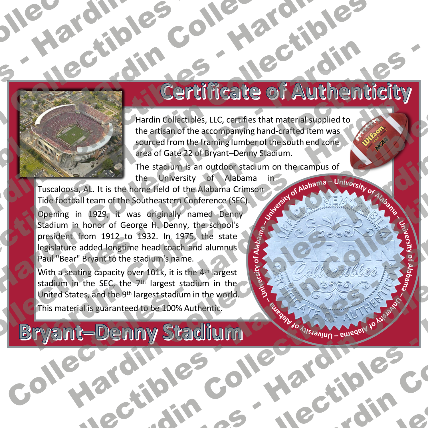 Image of certificate of authenticity for Bryant–Denny Stadium (University of Alabama) [WOOD] - front