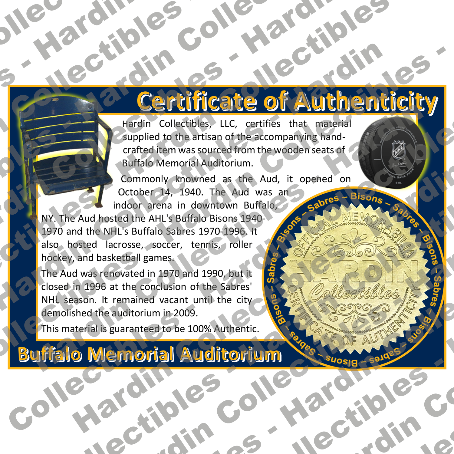 Image of certificate of authenticity for Buffalo Memorial Auditorium (Buffalo Sabres) - front