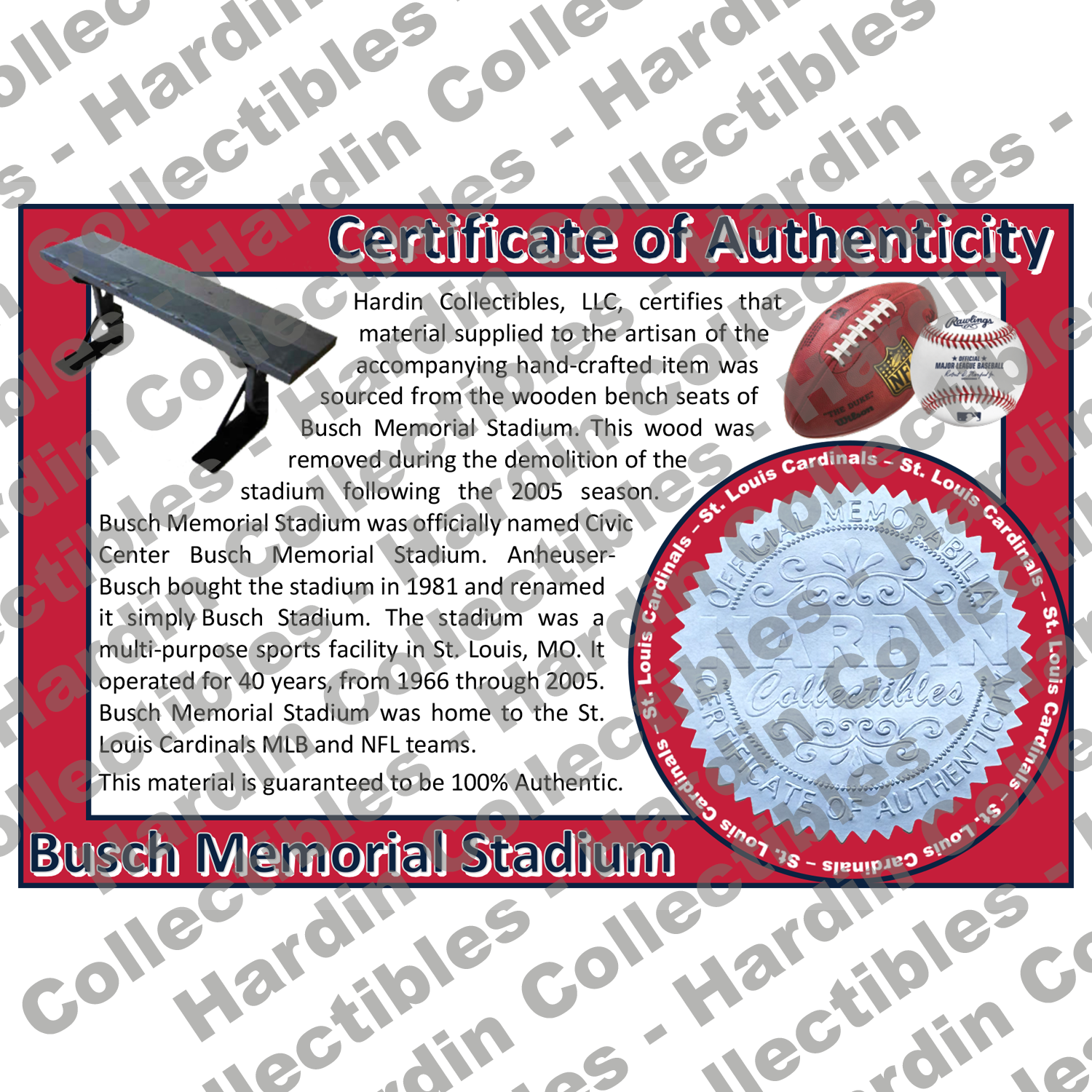 Image of certificate of authenticity for Busch Memorial Stadium (St. Louis Cardinals) - front