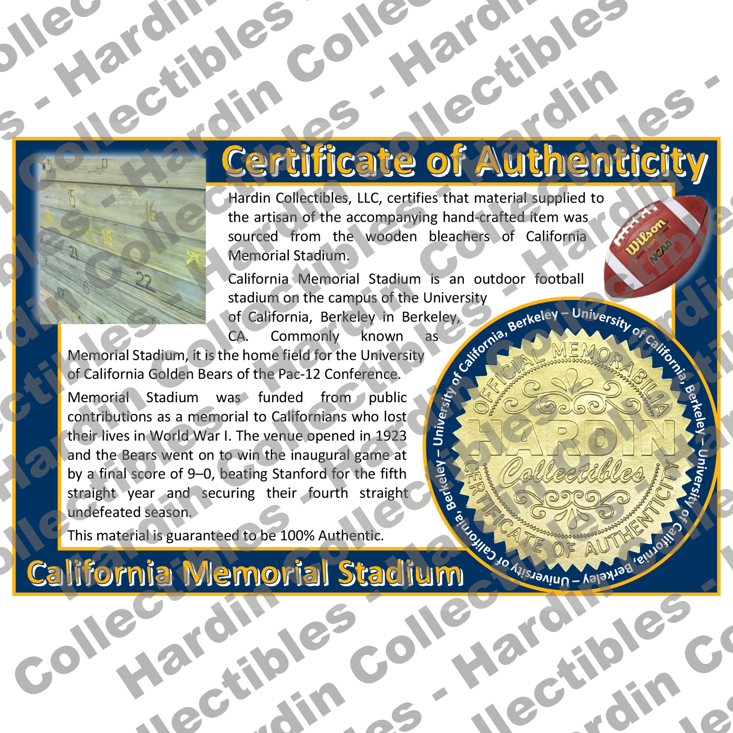 Image of certificate of authenticity for California Memorial Stadium (University of California, Berkeley) - front