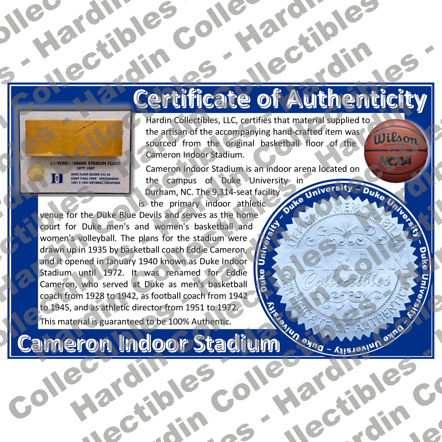 Image of certificate of authenticity for Cameron Indoor Stadium (Duke University) [FLOOR] - front