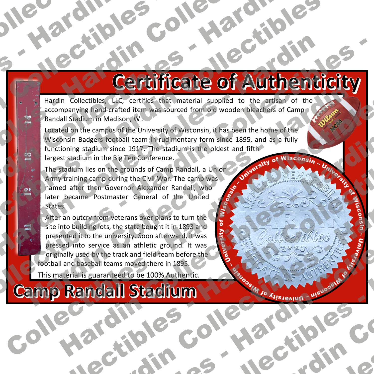 Image of certificate of authenticity for Camp Randall Stadium (University of Wisconsin–Madison) - front