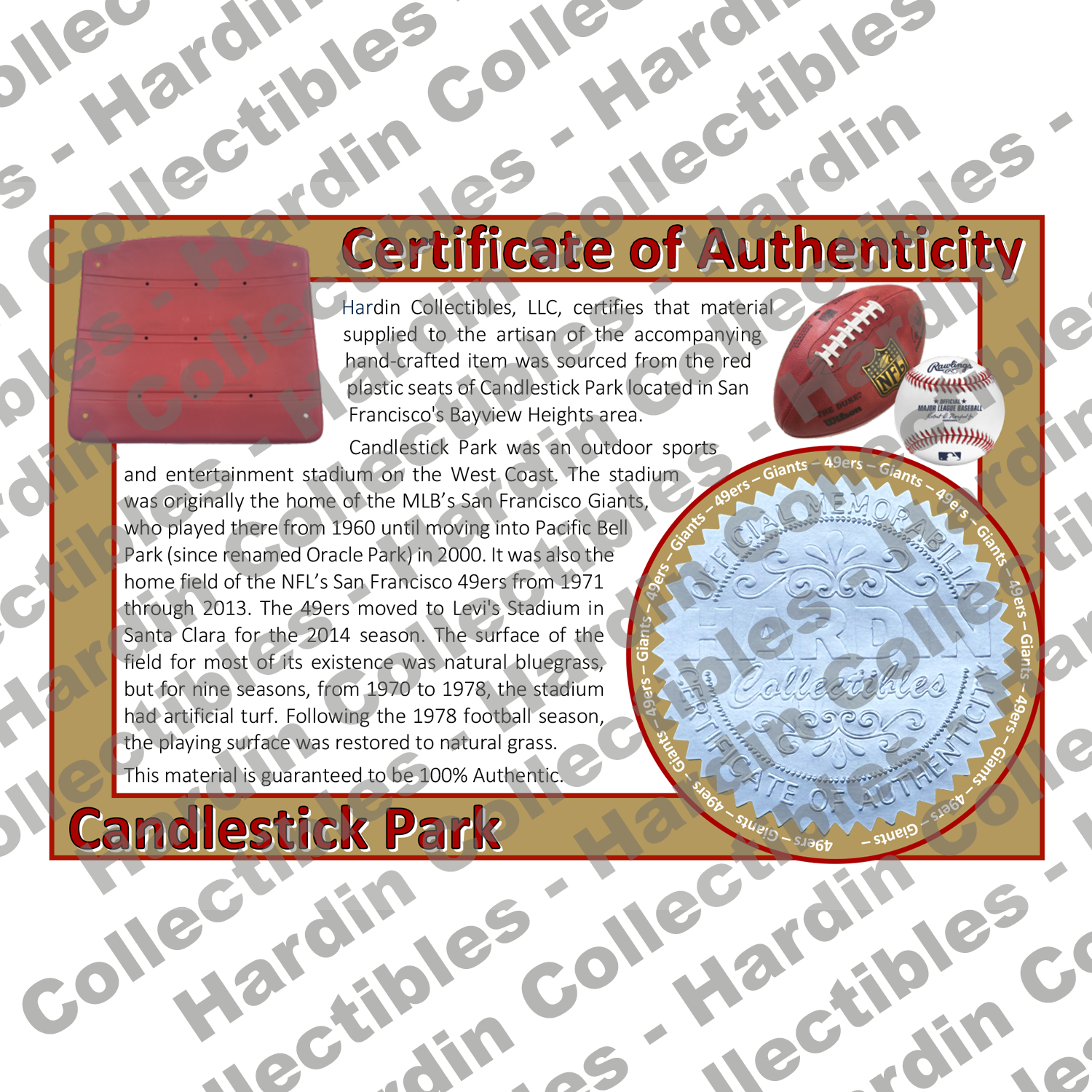 Image of certificate of authenticity for Candlestick Park (San Francisco 49ers) - front