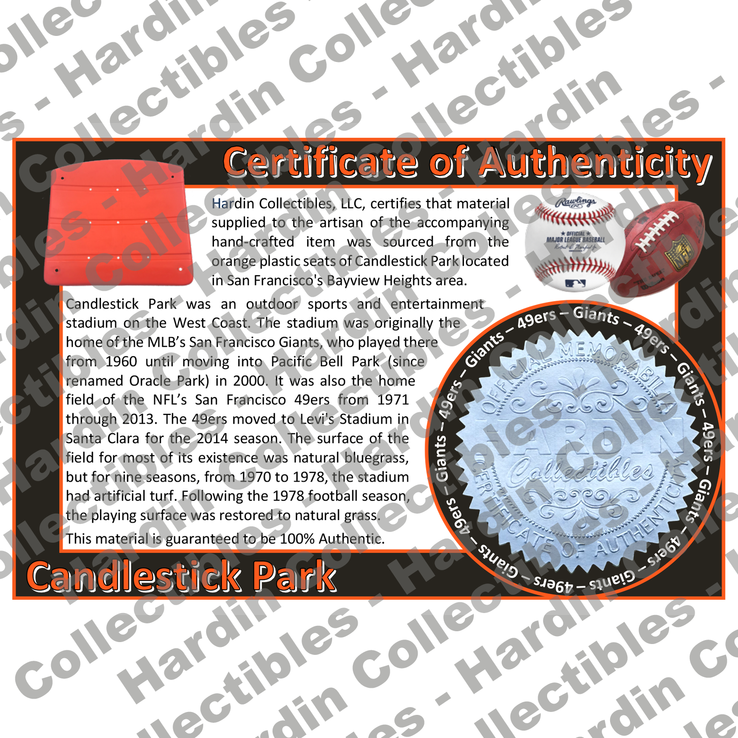 Image of certificate of authenticity for Candlestick Park (San Francisco Giants) - front