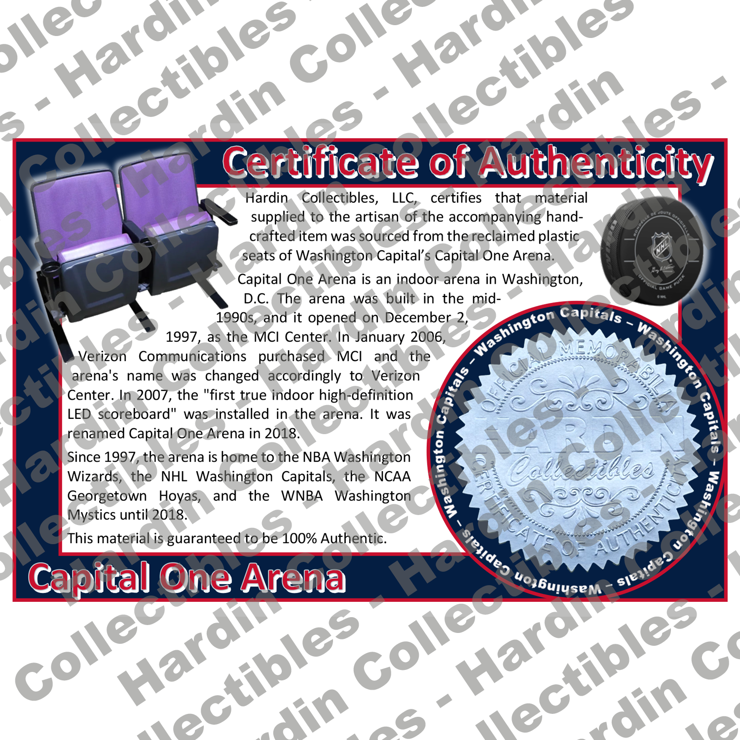 Image of certificate of authenticity for Capital One Arena (Washington Capitals) - front