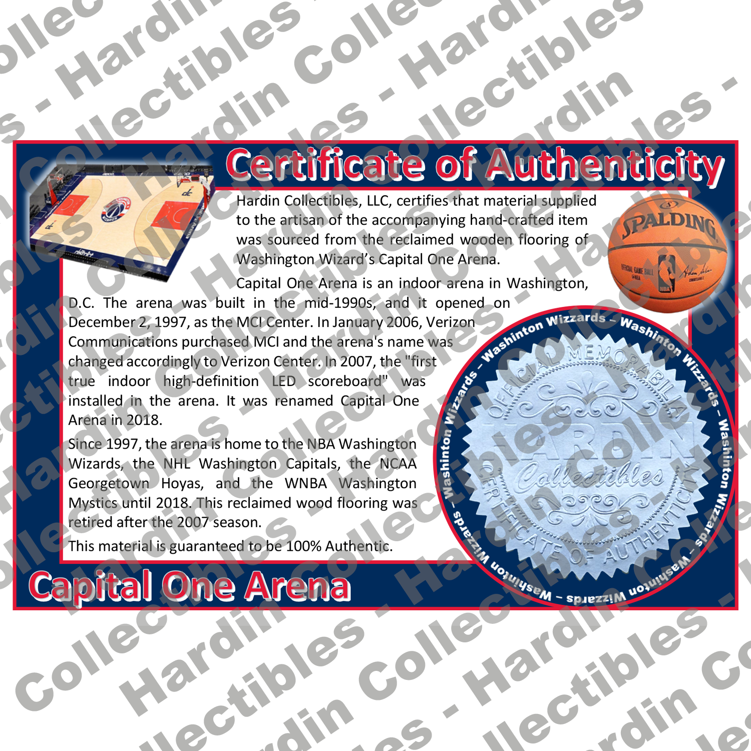 Image of certificate of authenticity for Capital One Arena (Washington Wizards) - front