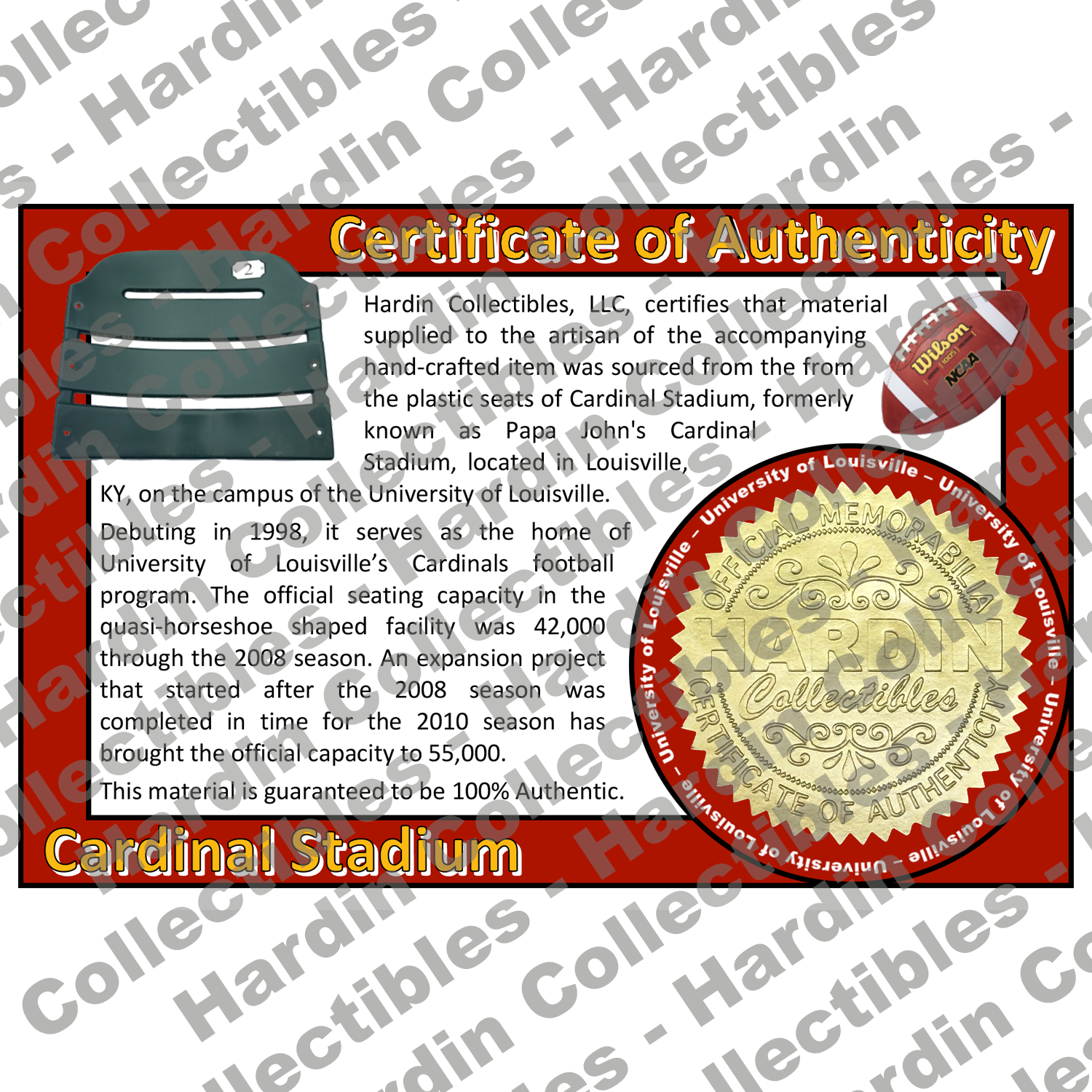 Image of certificate of authenticity for Cardinal Stadium (University of Louisville) - front