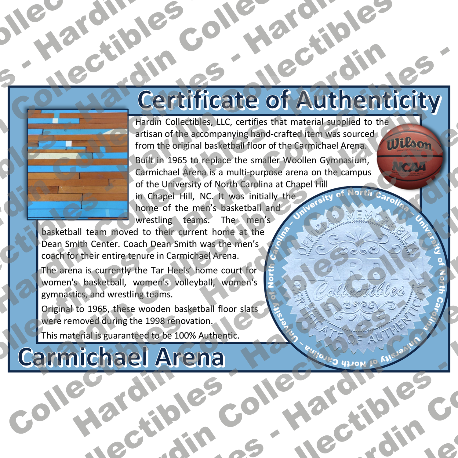 Image of certificate of authenticity for Carmichael Arena (University of North Carolina) [Floor] - front