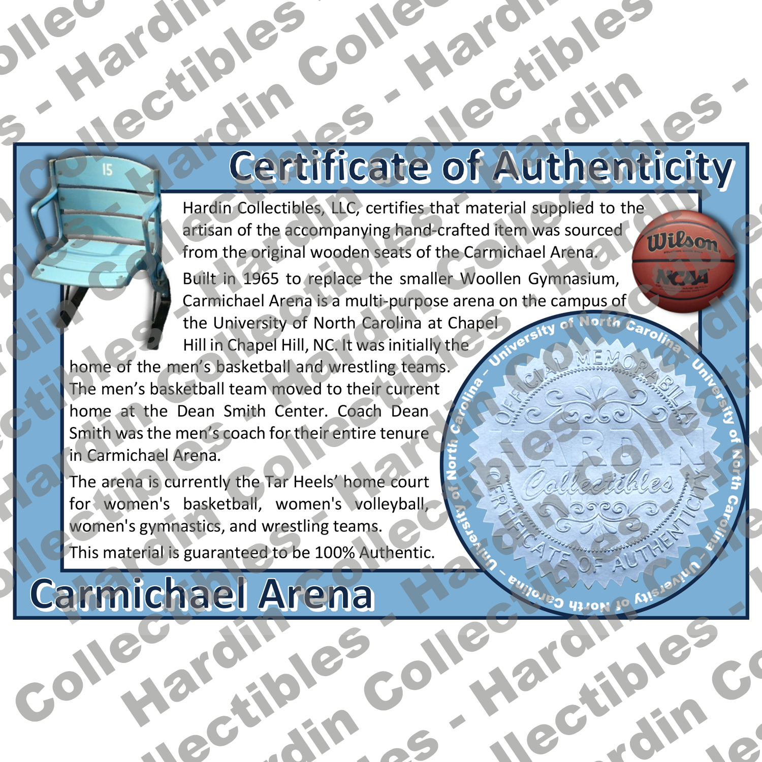 Image of certificate of authenticity for Carmichael Arena (University of North Carolina) [Seat] - front
