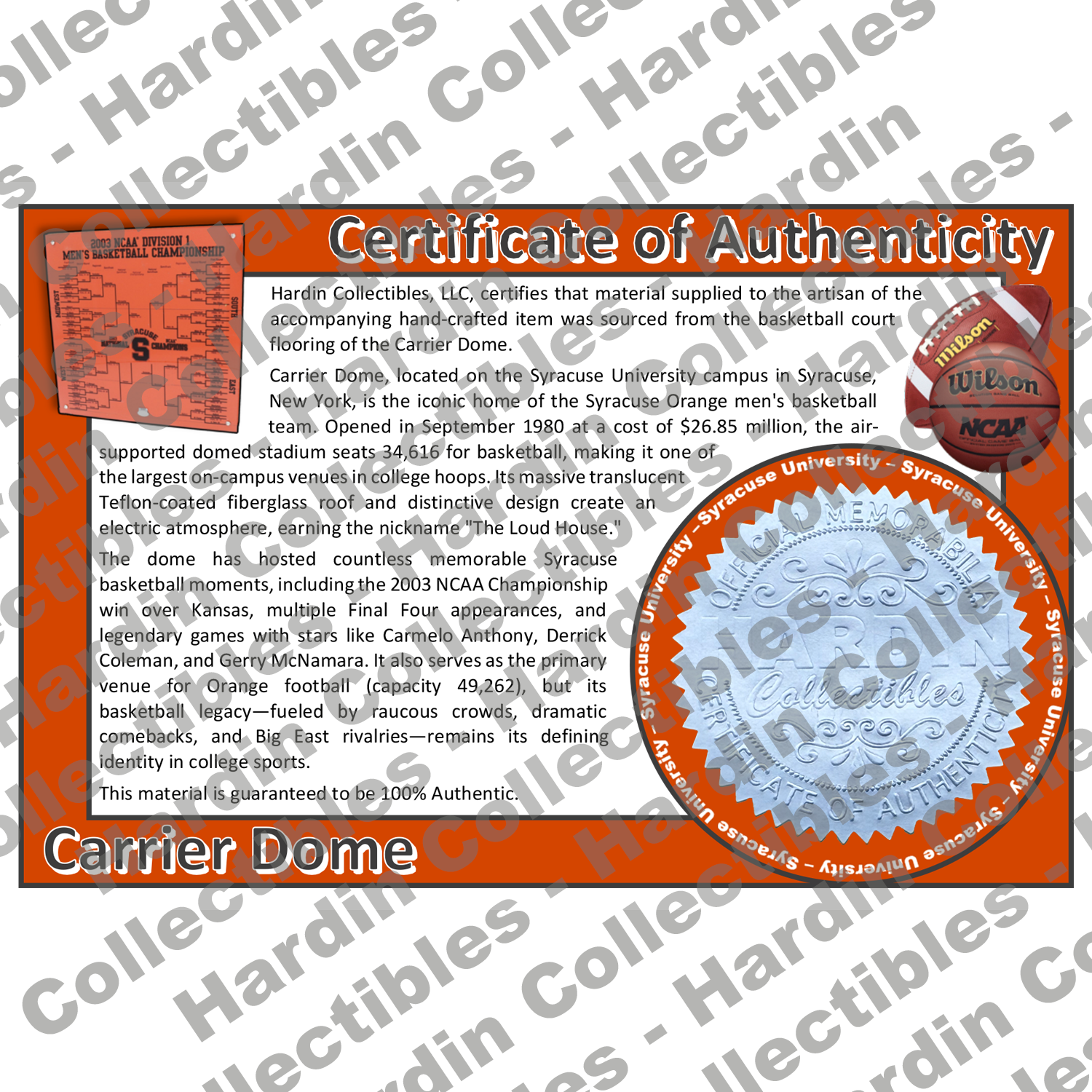 Image of certificate of authenticity for Carrier Dome (Syracuse University) - front