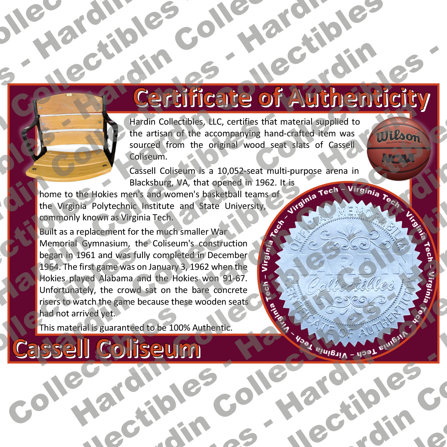 Image of certificate of authenticity for Cassel Coliseum (Virginia Tech University) - front