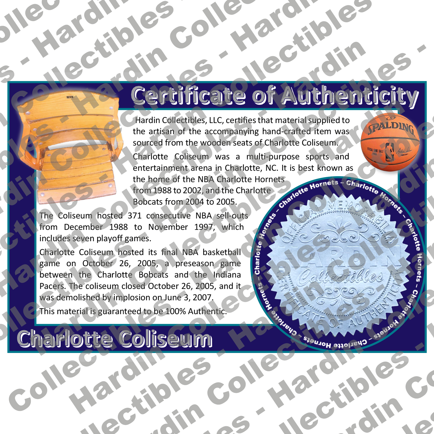 Image of certificate of authenticity for Charlotte Coliseum (Charlotte Bobcats & Hornets) - front