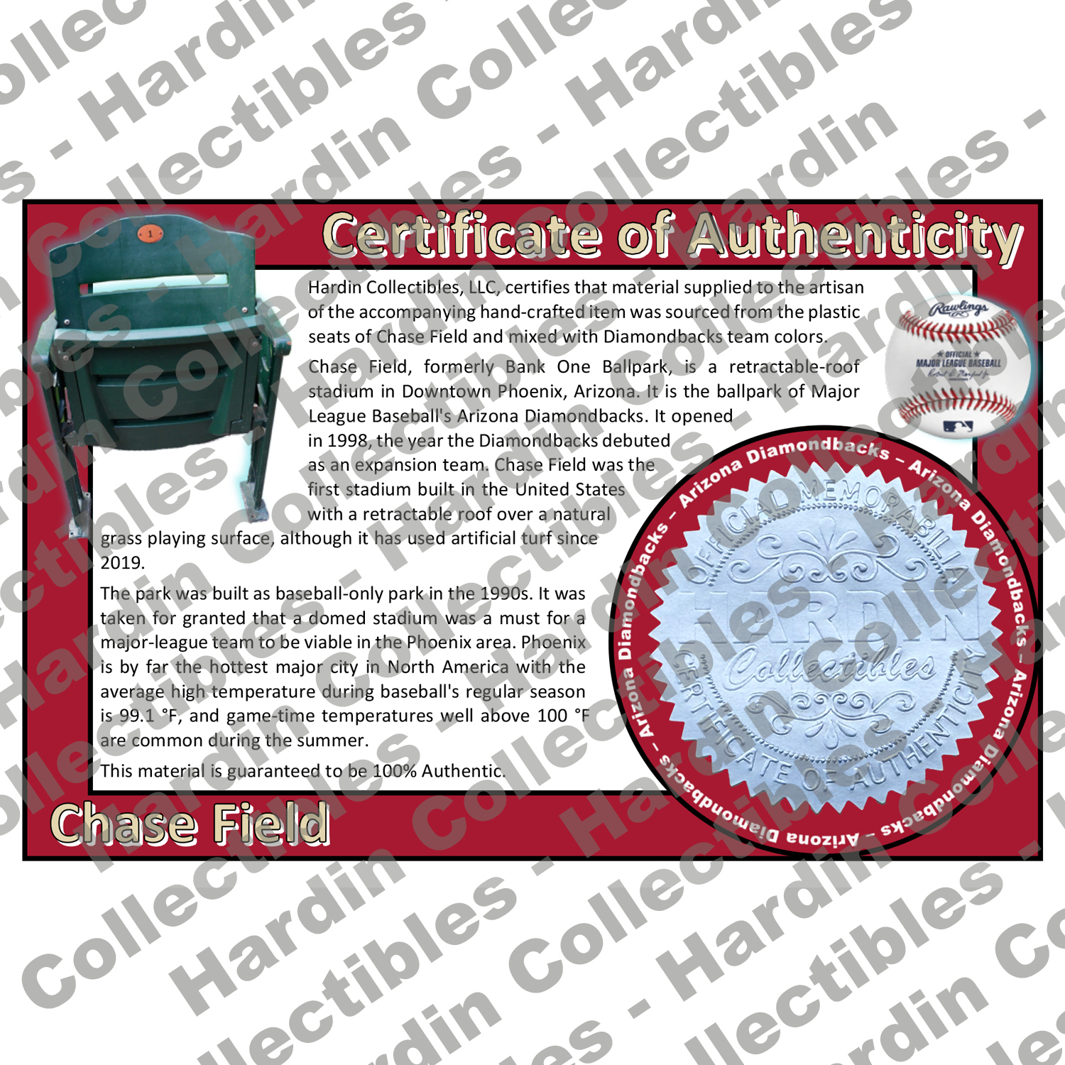 Image of certificate of authenticity for Chase Field (Arizona Diamondbacks) - front