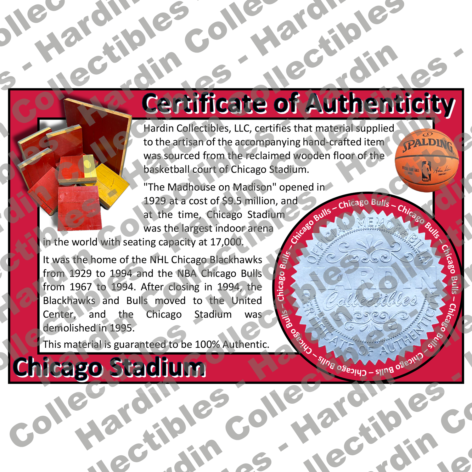 Image of certificate of authenticity for Chicago Stadium [Basketball Floor] (Chicago Bulls) - front