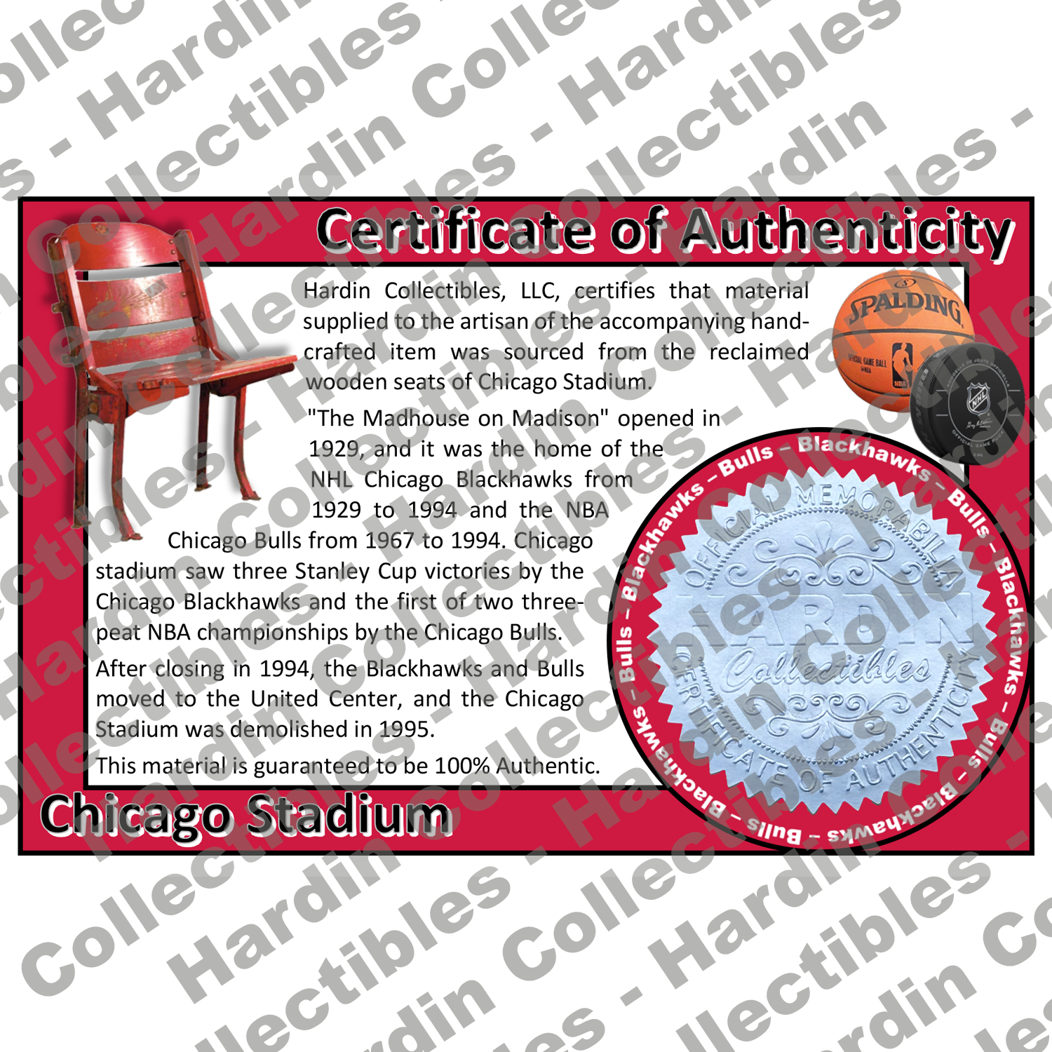 Image of certificate of authenticity for Chicago Stadium [Stadium Seat] (Chicago Blackhawks & Chicago Bulls) - front