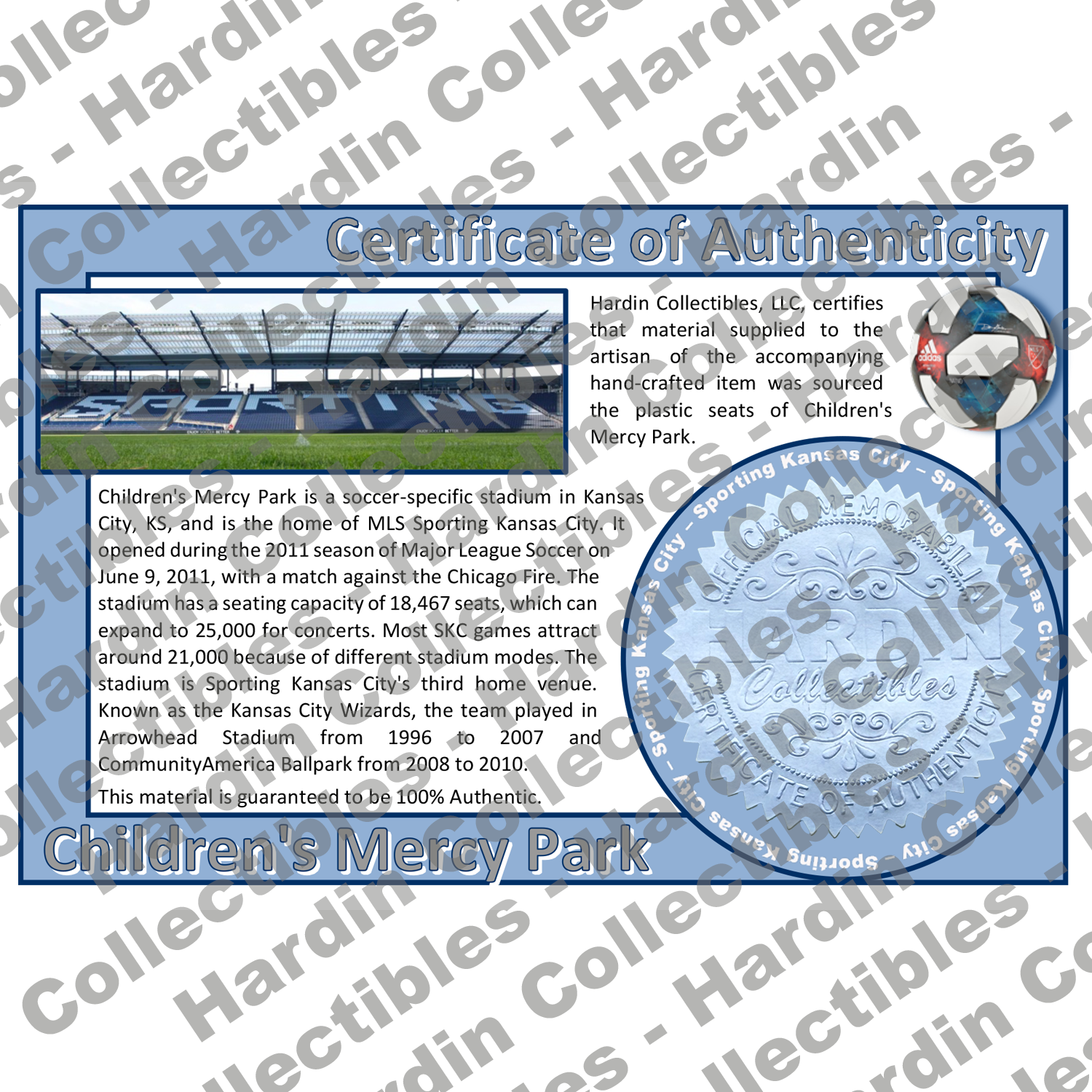 Image of certificate of authenticity for Children's Mercy Park (Sporting Kansas City) - front