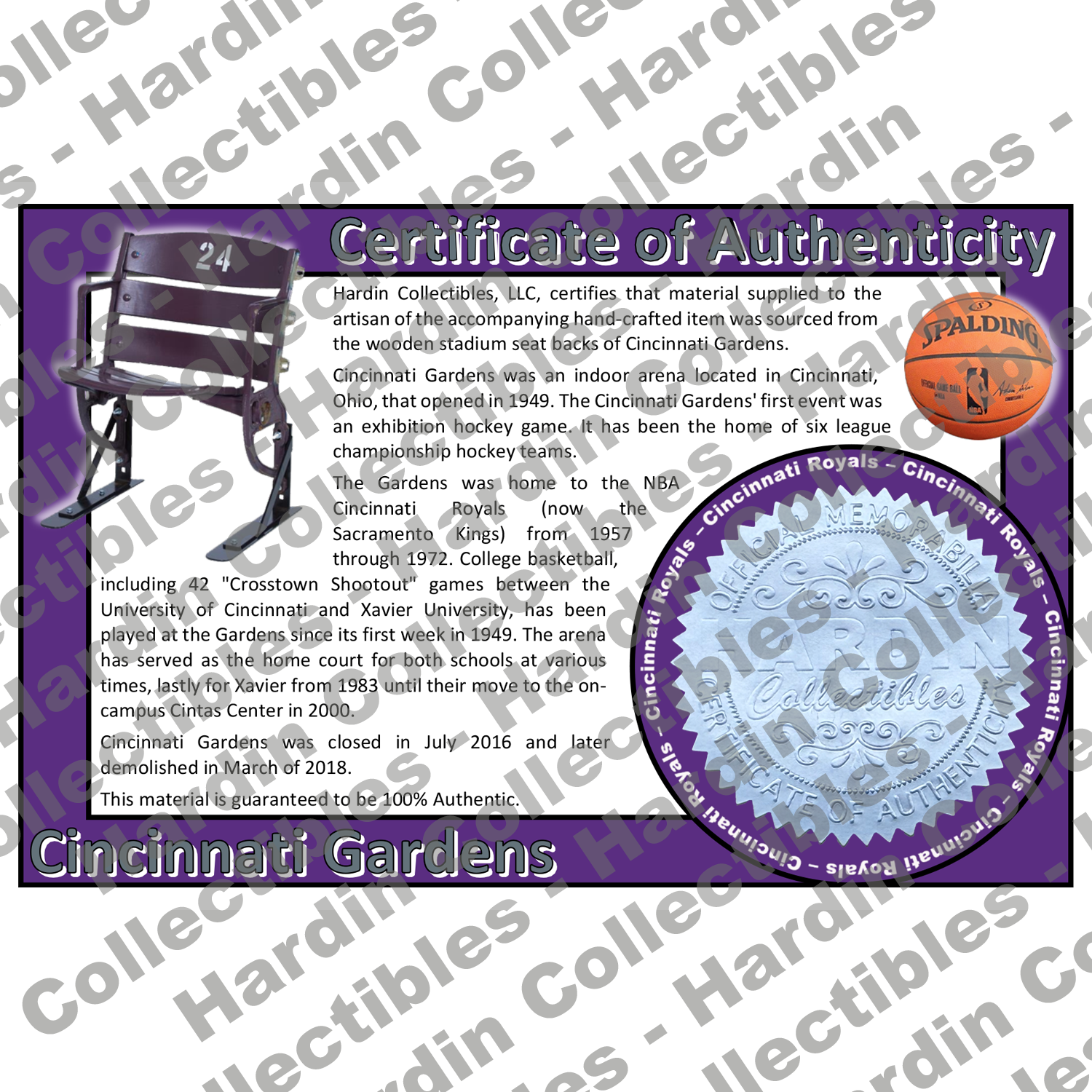 Image of certificate of authenticity for Cincinnati Gardens (Xavier University, Univers - cincinnati-royals-extra-coa - front