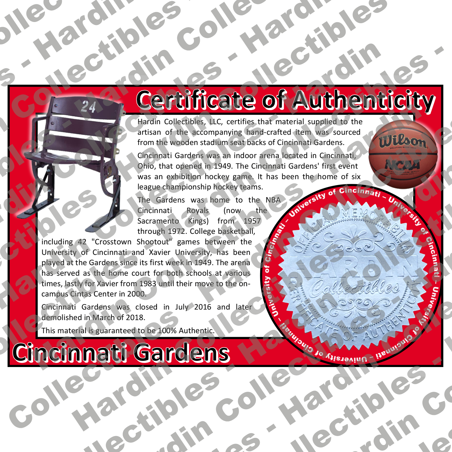 Image of certificate of authenticity for Cincinnati Gardens (Xavier University, - university-of-cincinnati-extra-coa - front