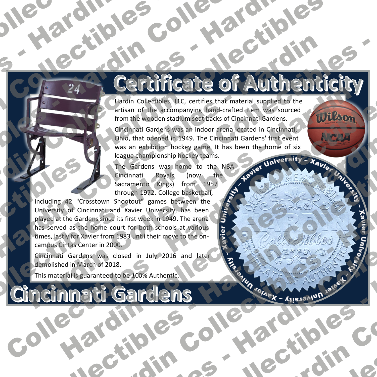 Image of certificate of authenticity for Cincinnati Gardens (Xavier University, Univers - xavier-university-extra-coa - front