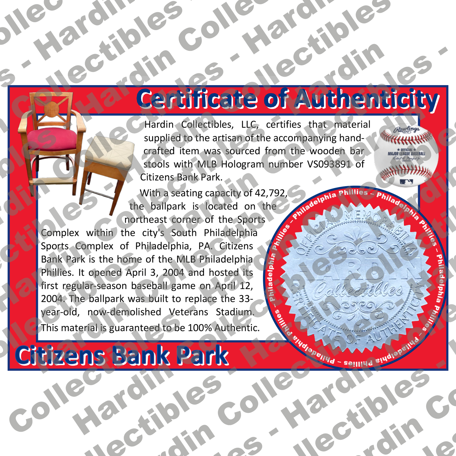Image of certificate of authenticity for Citizens Bank Park (Philadelphia Phillies) [Wood] - front