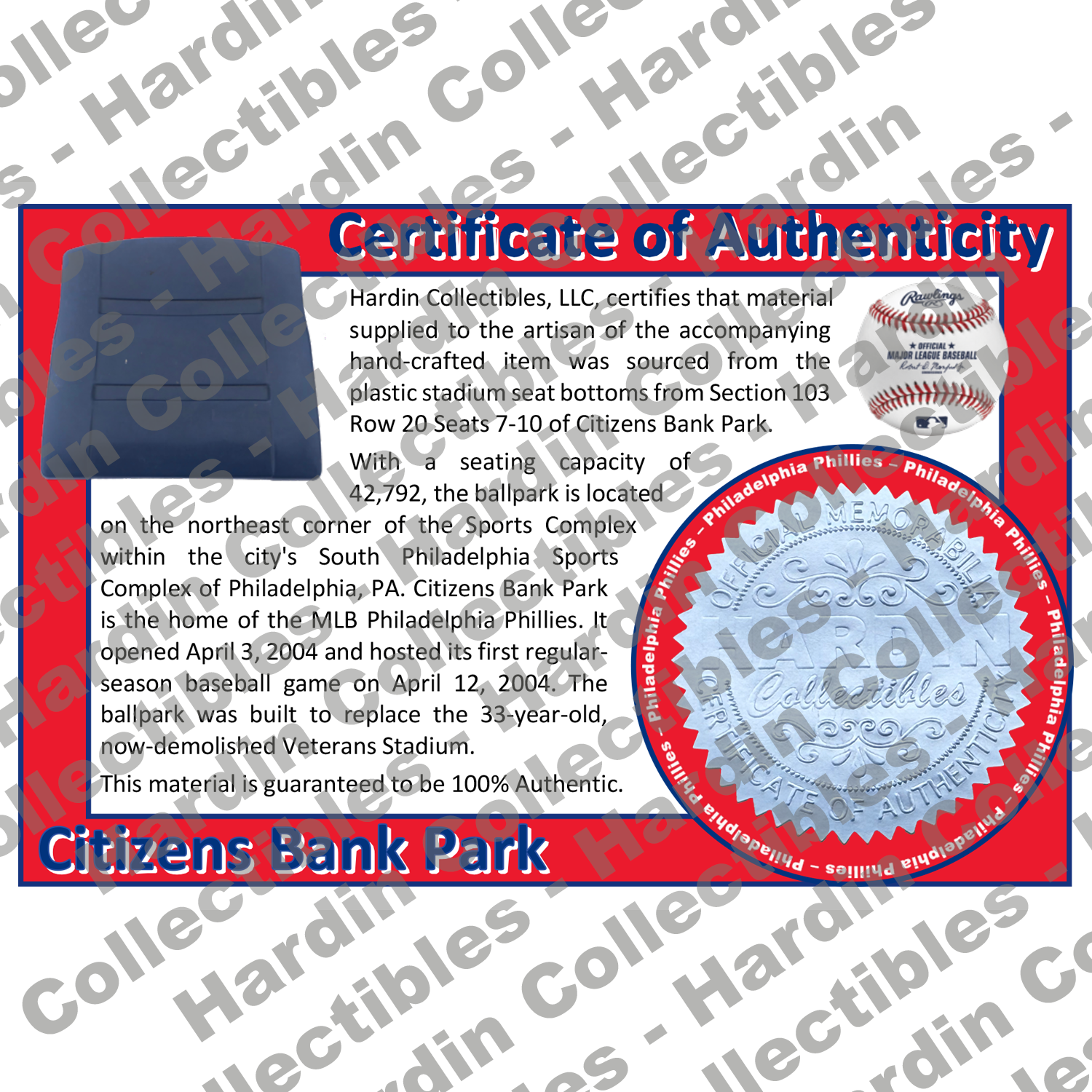 Image of certificate of authenticity for Citizens Bank Park (Philadelphia Phillies) [PLASTIC] - front