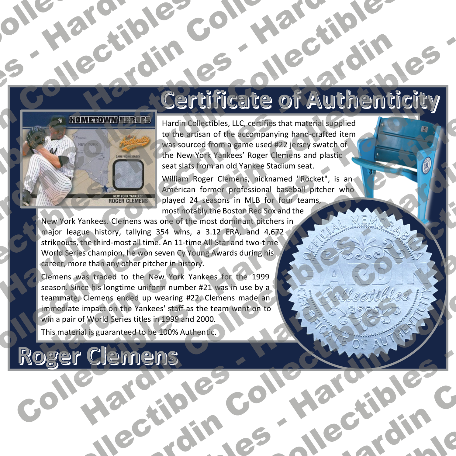 Image of certificate of authenticity for Clemens, Roger 