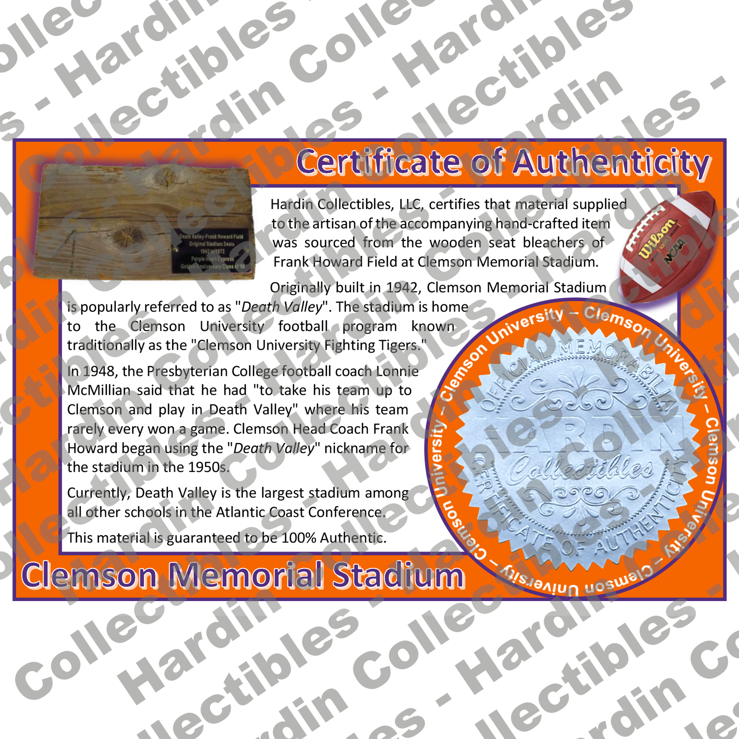 Image of certificate of authenticity for Clemson Memorial Stadium (Clemson University) - front