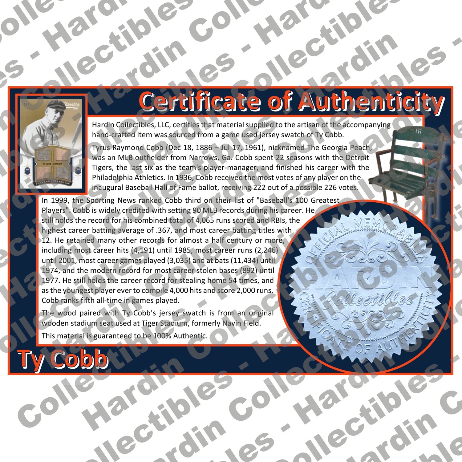 Image of certificate of authenticity for Cobb, Ty - Game Played Relic - front