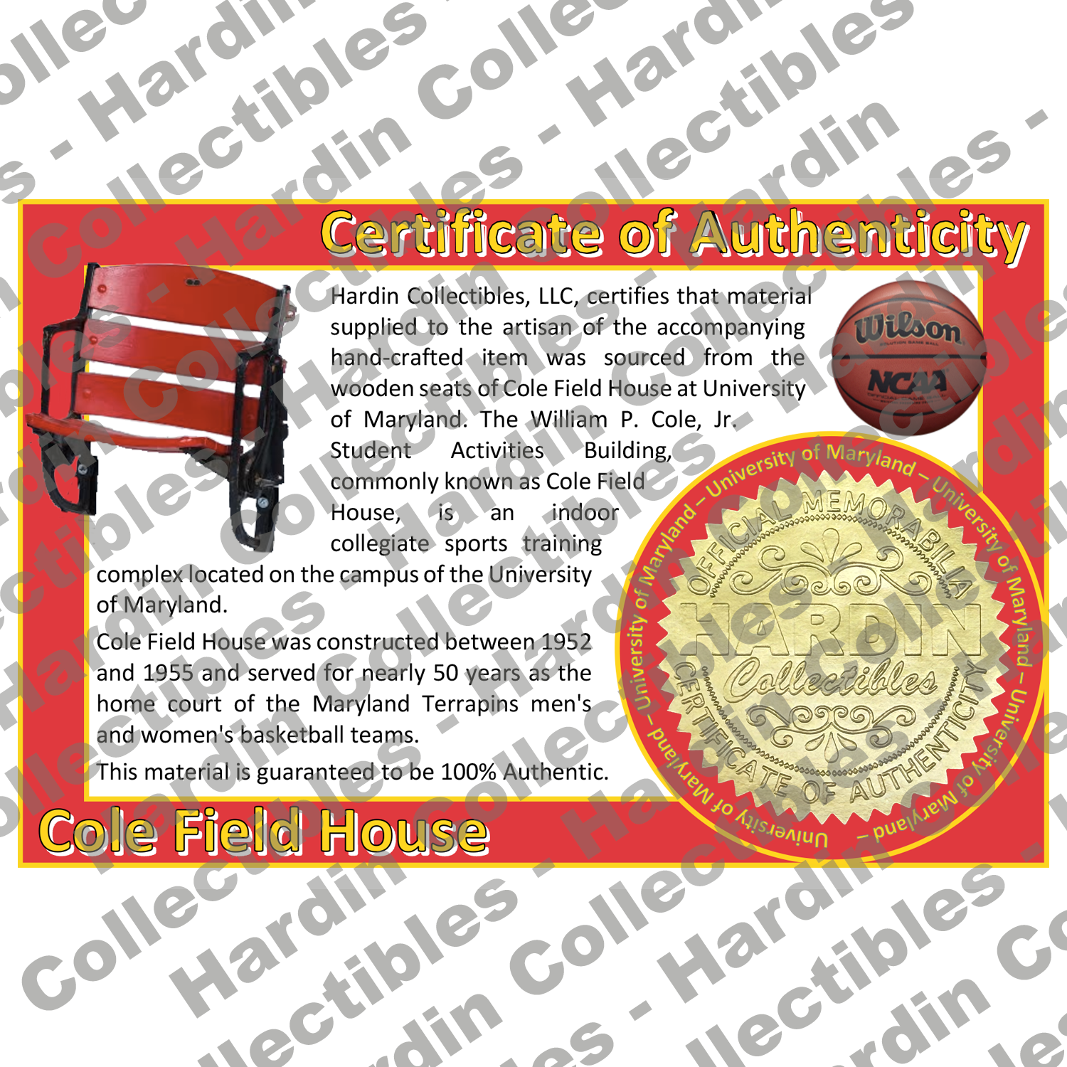 Image of certificate of authenticity for Cole Field House (University of Maryland) - front