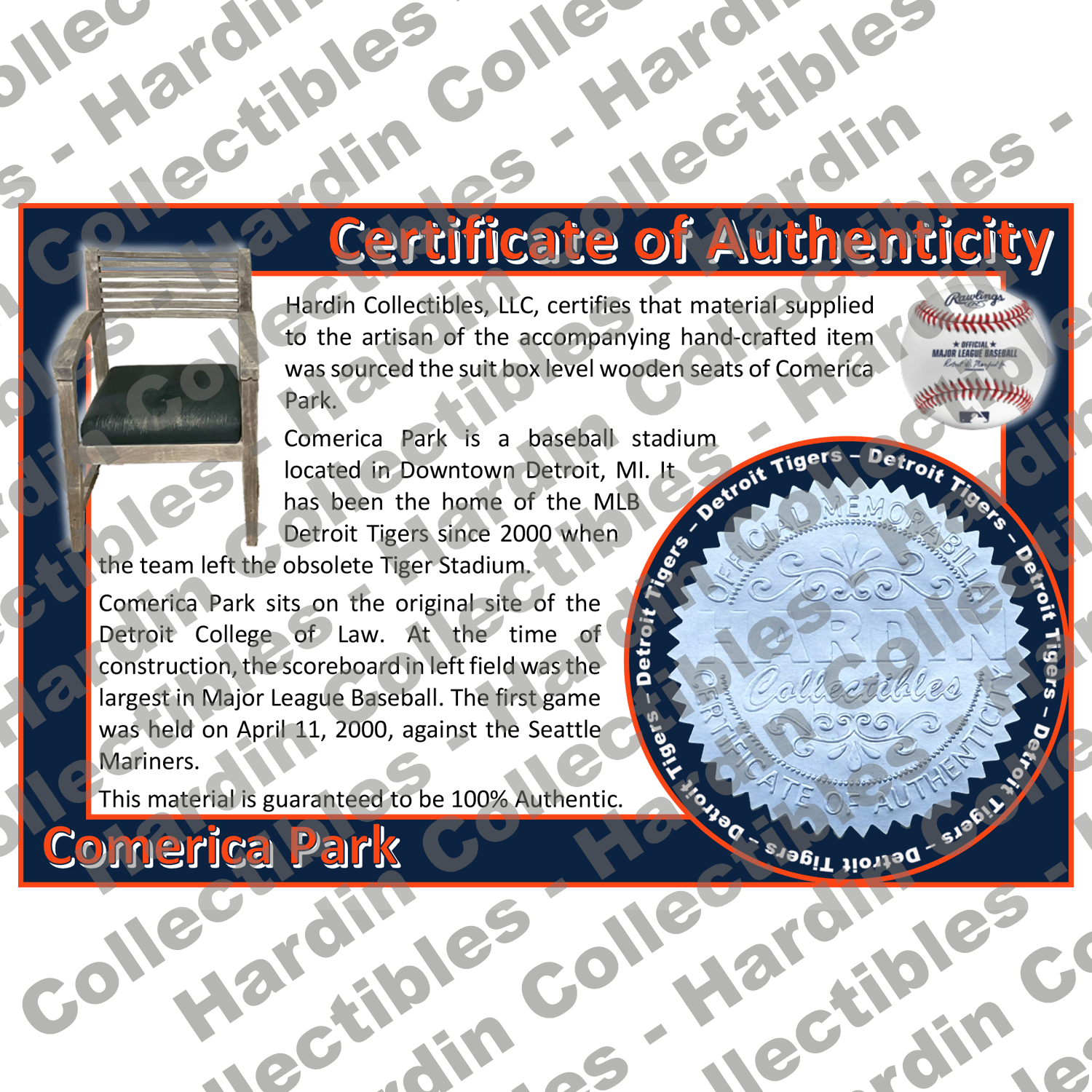 Image of certificate of authenticity for Comerica Park (Detroit Tigers) - front