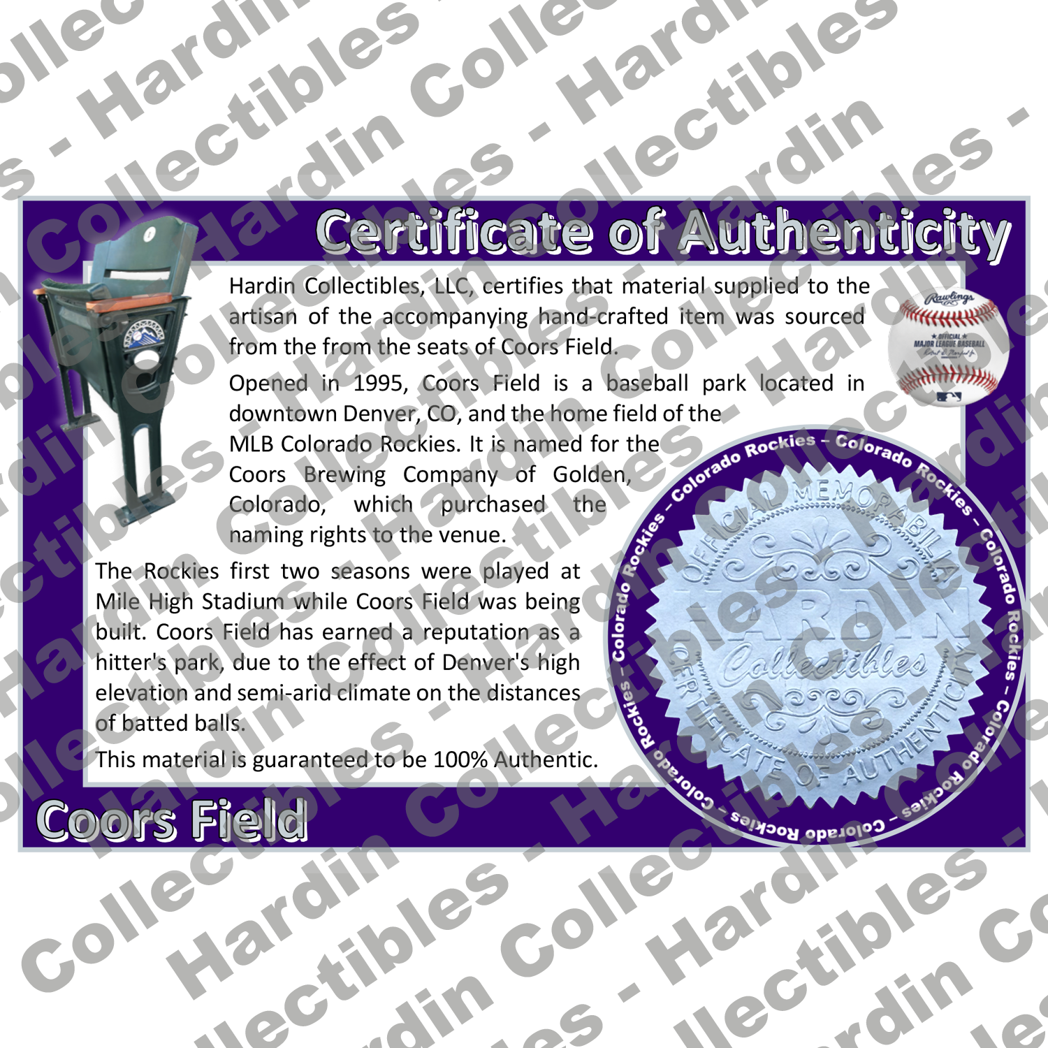 Image of certificate of authenticity for Coors Field (Colorado Rockies) [Wood] - front