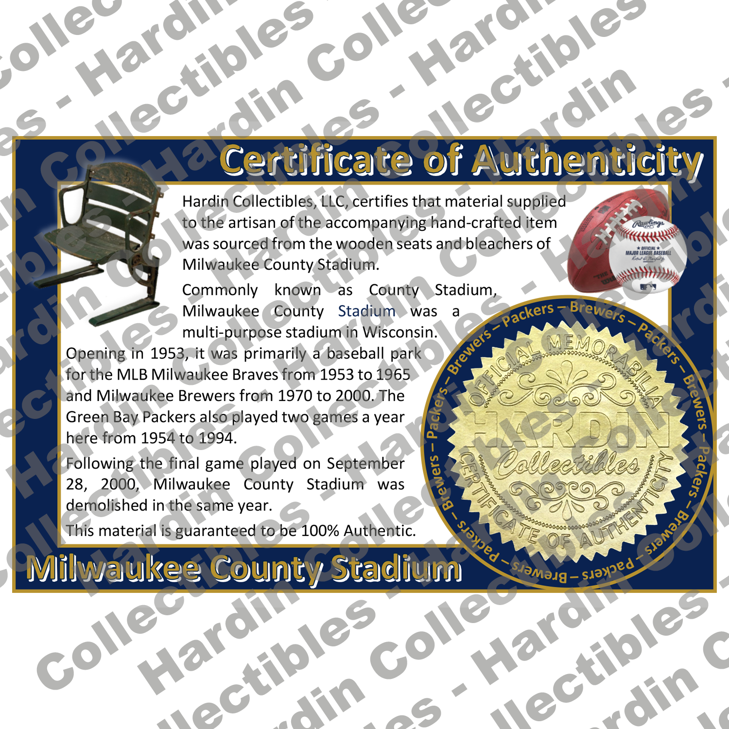 Image of certificate of authenticity for Milwaukee County Stadium (Milwaukee Brewers and Green Bay Packer - extra-coa - front