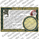 Image of certificate of authenticity for Milwaukee County Stadium (Milwaukee Brewers and Green Bay Packers) - front