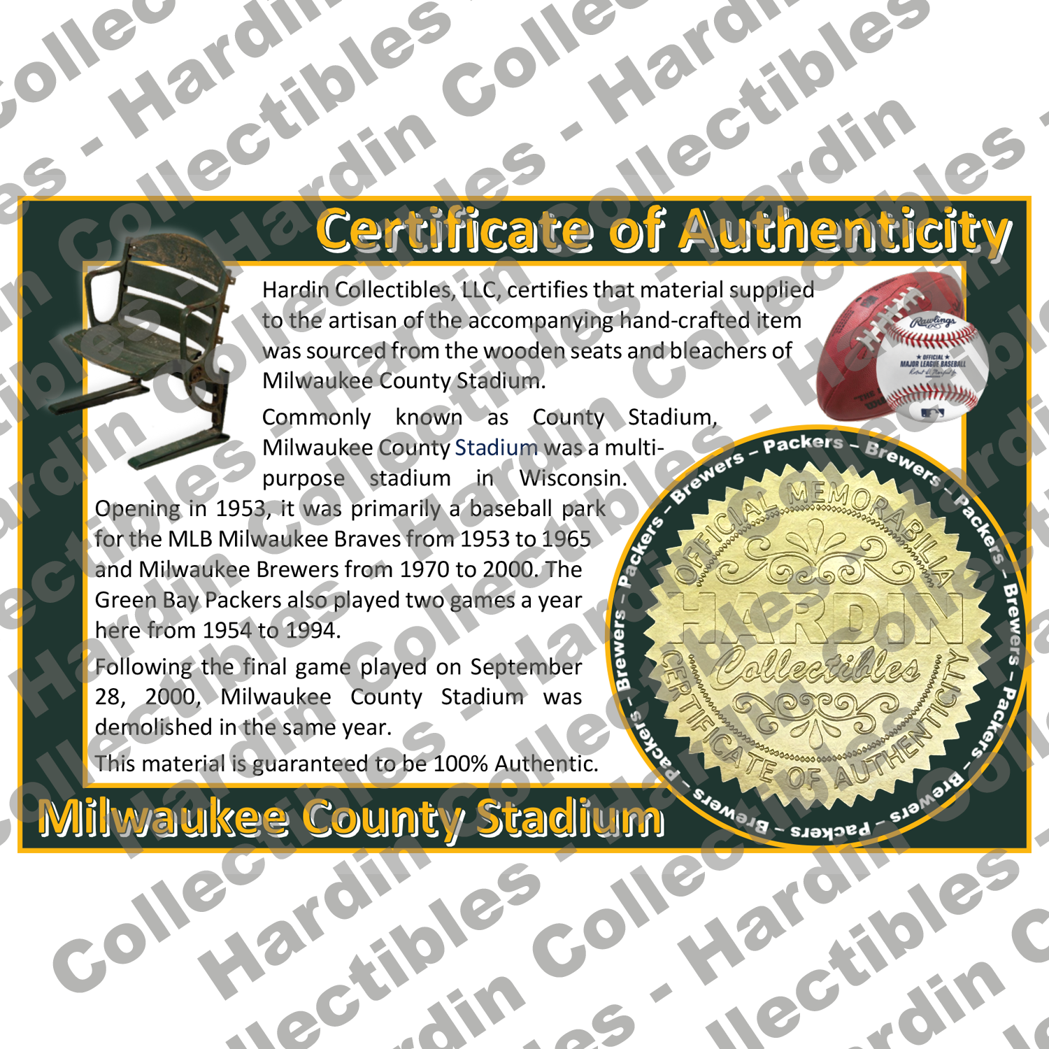 Image of certificate of authenticity for Milwaukee County Stadium (Milwaukee Brewers and Green Bay Packers) - front