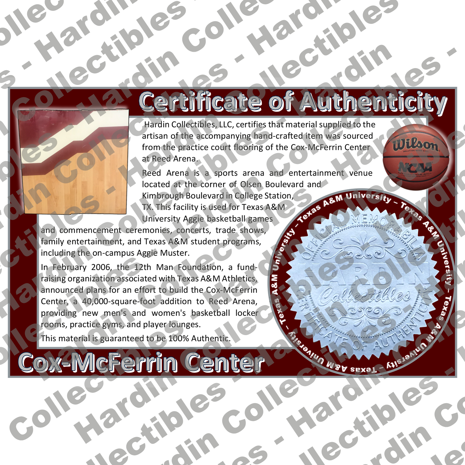 Image of certificate of authenticity for Cox-McFerrin Center at Reed Arena (Texas A&M University) - front