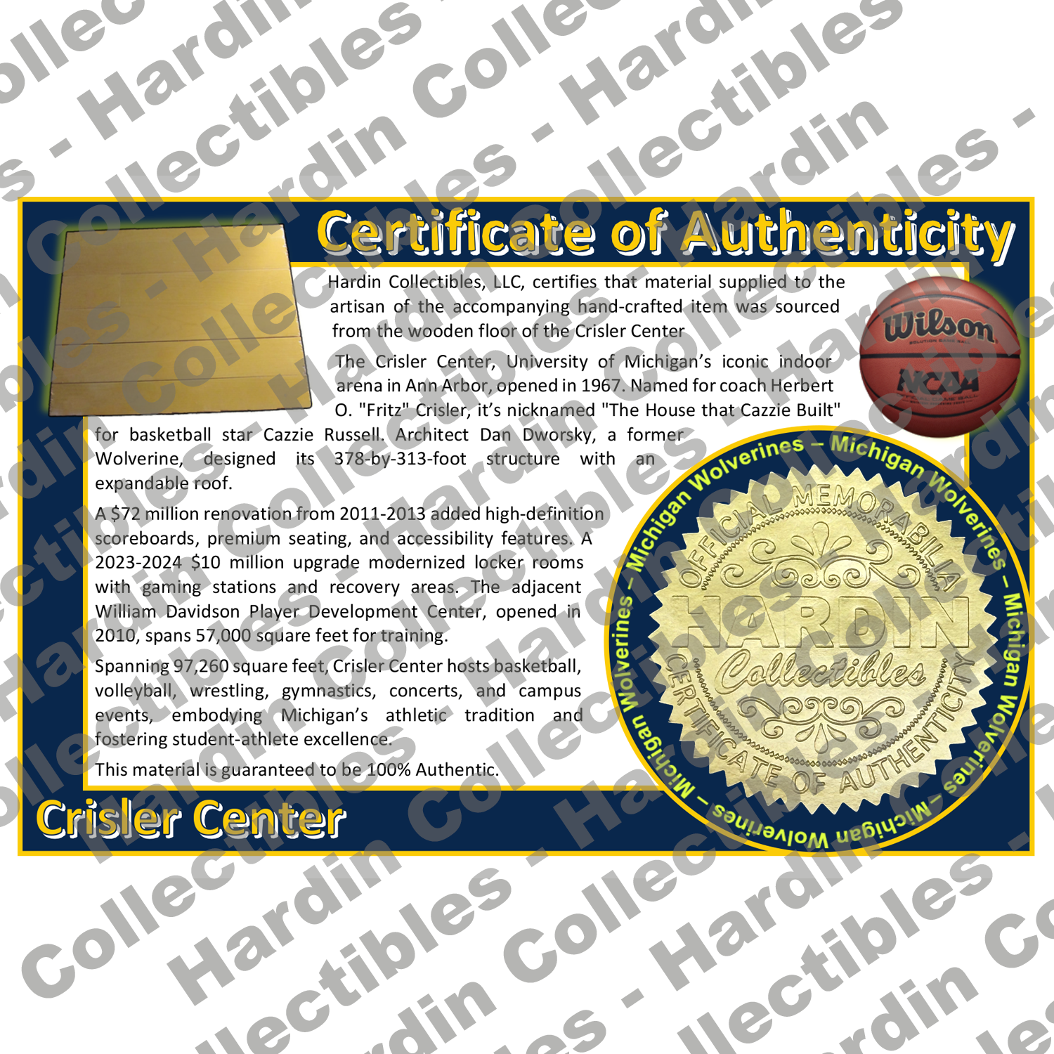 Image of certificate of authenticity for Crisler Center (University of Michigan) - front
