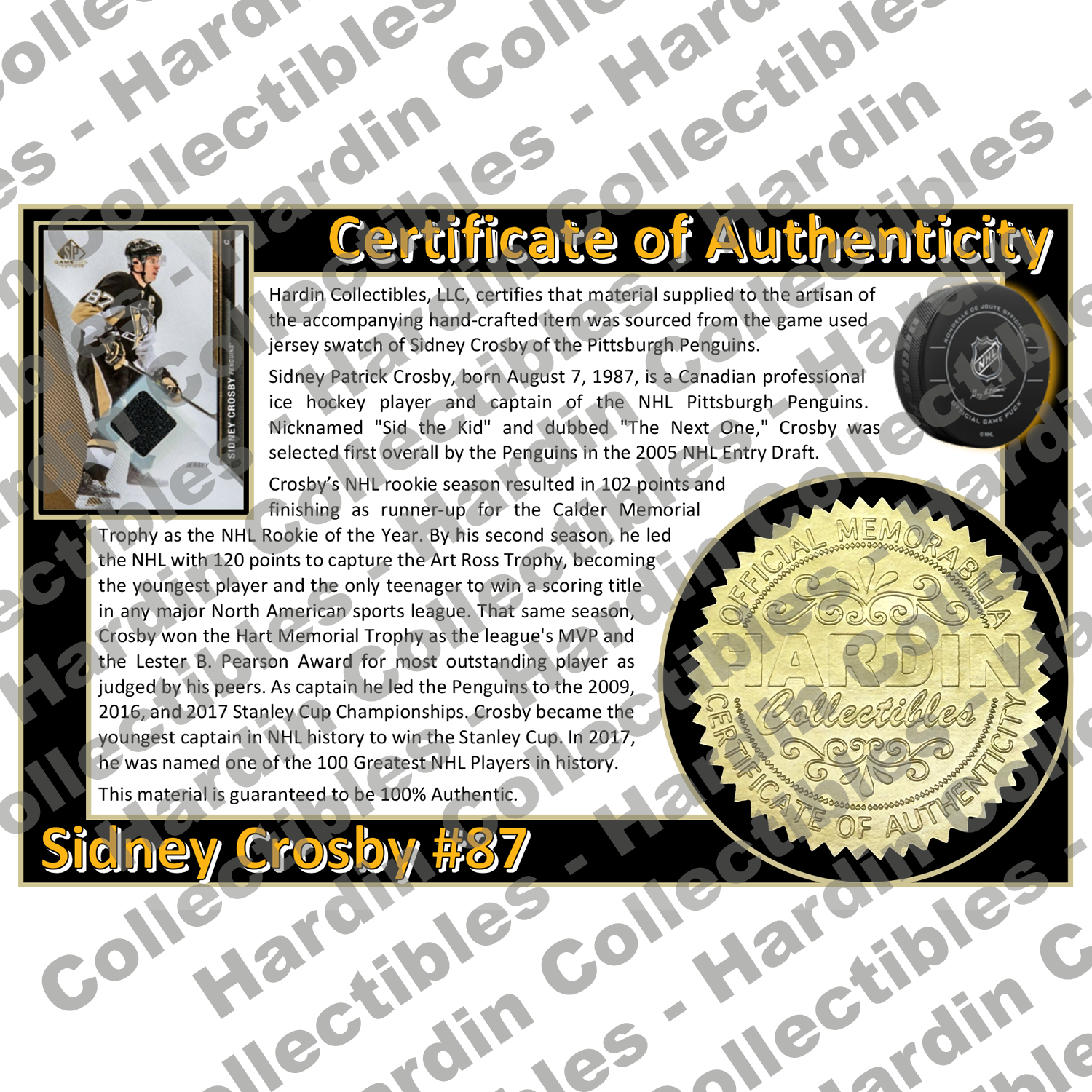 Image of certificate of authenticity for Crosby, Sidney 
